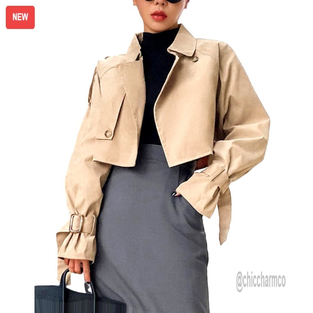 Cropped Trench Coat Classic Double-Breasted Y2K Chic Casual Outerwear Jacket